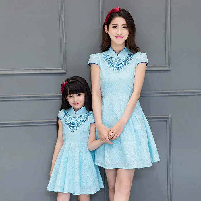 2016 new light blue mother and daughter dress family clothes long qipao traditional chinese clothing cheongsam