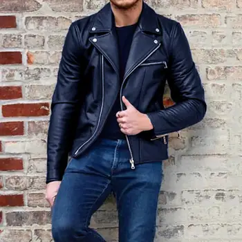 

New Fashion Autumn Winter Men Leather Long Sleeve Lapel Clothing Casual Loose Male Fit Motorcycle Jacket Coat With Zipper