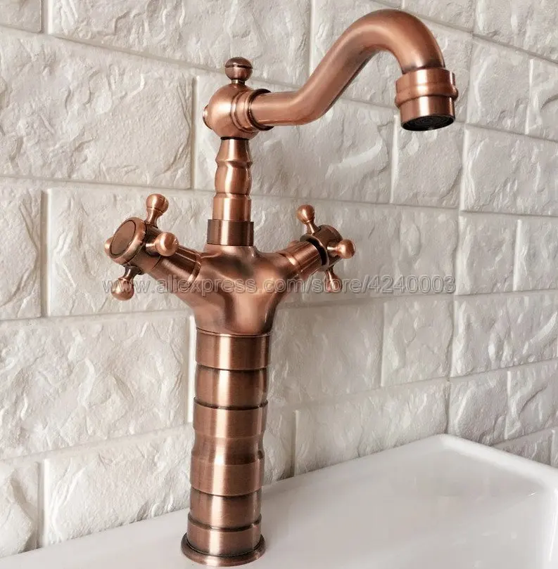 

Antique Red Copper Basin Faucets Double Handle Bathroom Sink Faucet Deck Mounted Hot and Cold Water Single Hole Mixer Tap Krg056