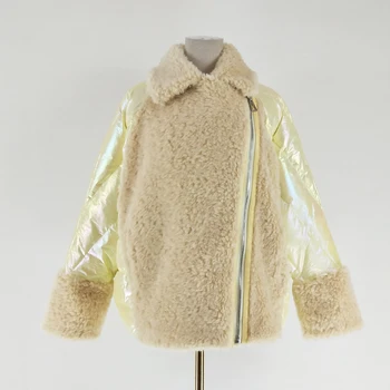 

natural real sheep fur coat women clothes winter 2019 new patchwork white duck down jacket Bat Sleeved parka short overcoat