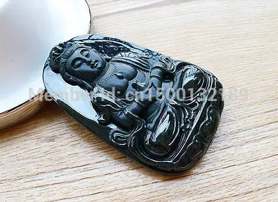 

N26 Grade A black emerald jadeite kwan yin guanyin lotus necklace pendant jade kuan