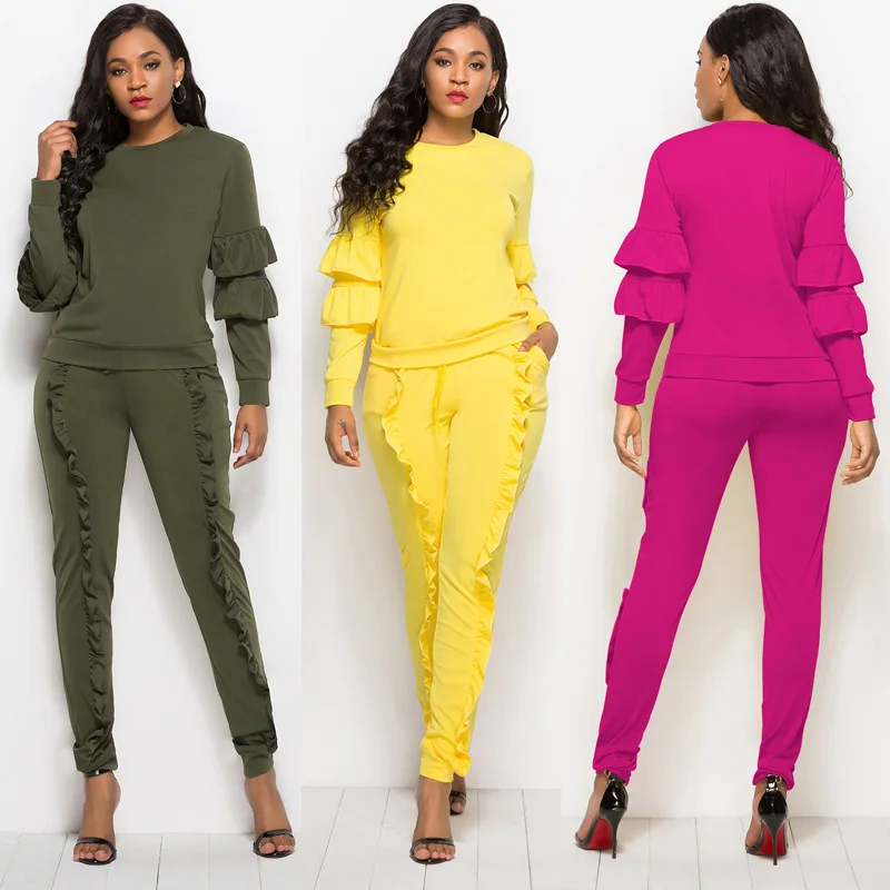 

Spring and Autumn fashion personality hot sale Slim stitching lace casual high waist women's sexy two-piece suit