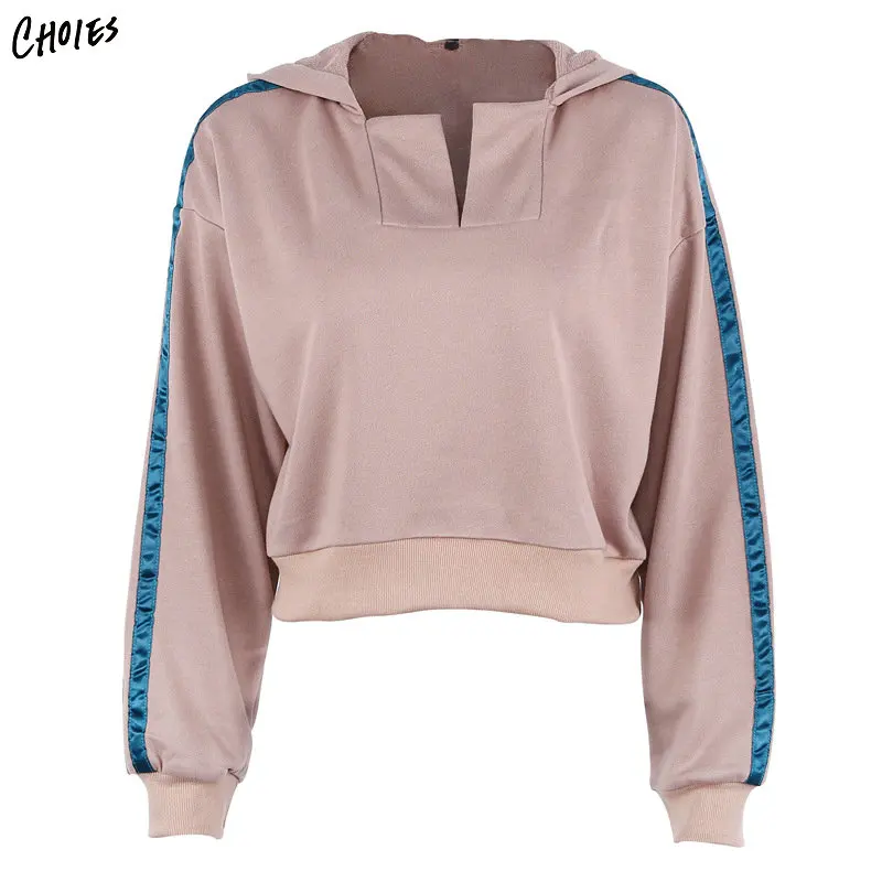 Light Pink Patchworked Striped Long Sleeve Hoodie Pullover Women V Neck ...