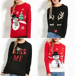 Для Женщин Рождественский свитер Повседневное свободные блестки пуловер с длинными рукавами вязаный свитер Рождество печати теплый