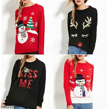 

Women Christmas Sweater Casual Loose Sequins Long Sleeve Pullover Knitted Sweater Xmas Print Warm Winter Sweater One Size