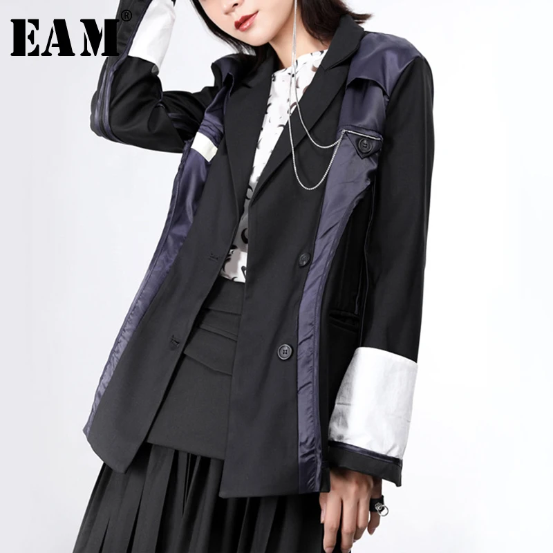 

[EAM] 2019 New Autumn Winter Lapel Long Sleeve Pockets Button Spliced Loose Personality Jacket Women Coat Fashion Tide JY774