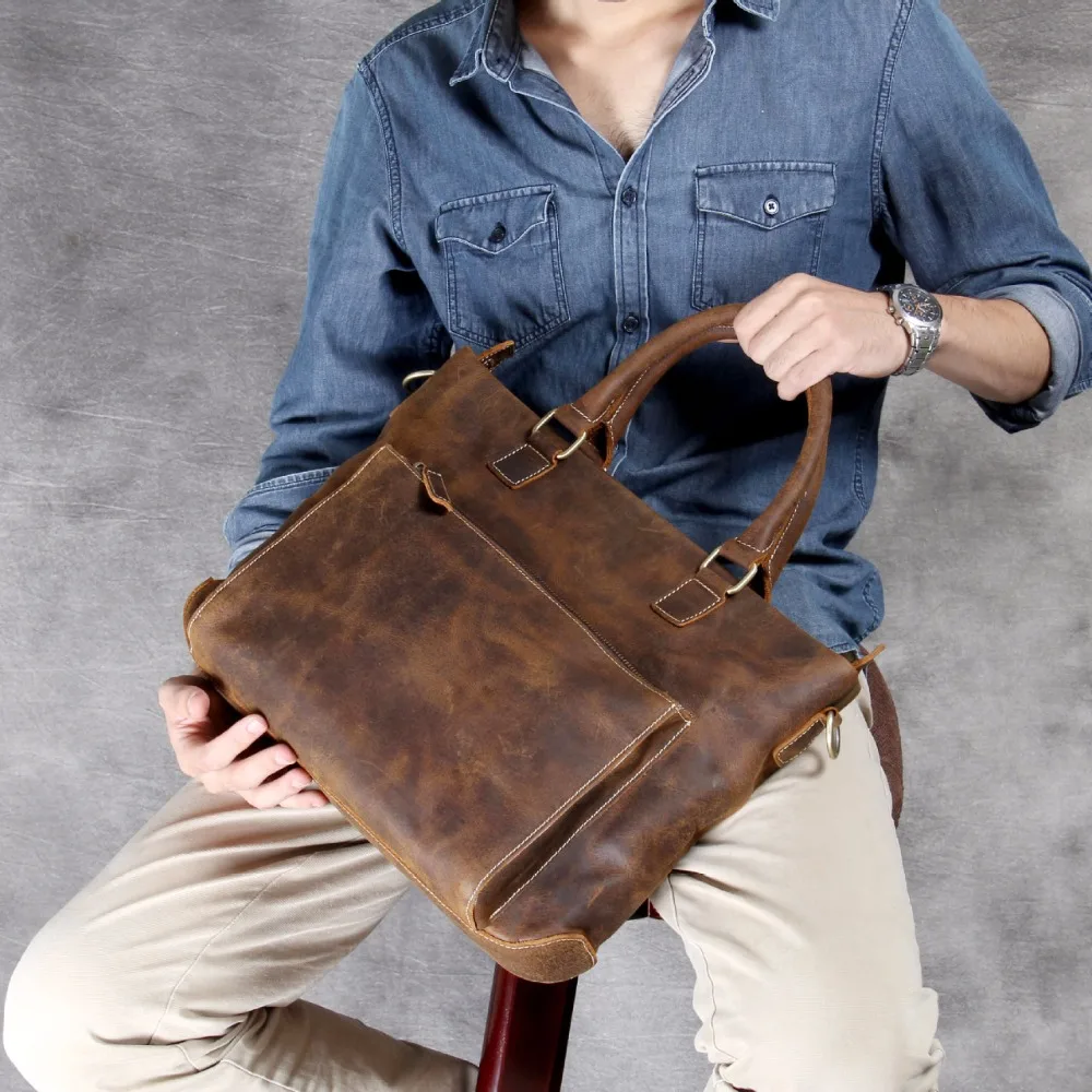 AETOO Retro head cowhide briefcase, mad horse leather handbag, leather casual shoulder crossbody bag