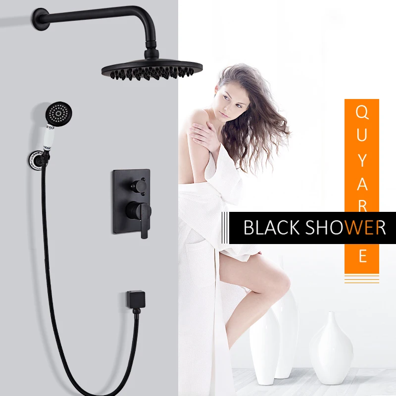quyanre wanfan frap gappo concealed black shower faucets set brass rainfall shower head creamic handshower 2-way mixer tap bath shower2