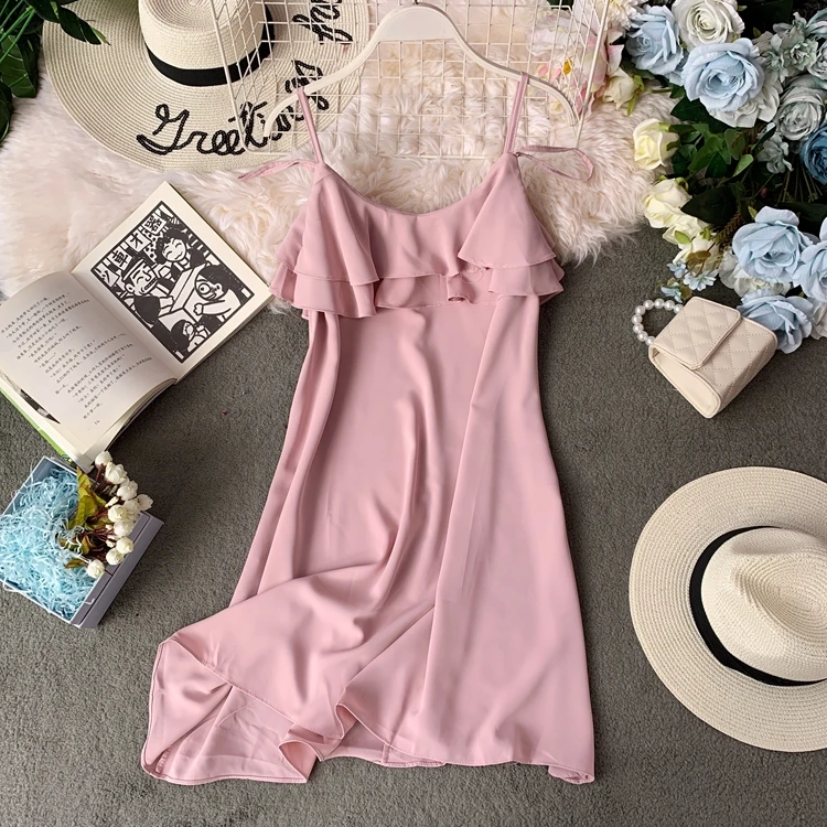 

Summer 20019 New Beach Seaside Holiday A-line Mini Dress Women Sleeveless Solid Color Vestidos H372