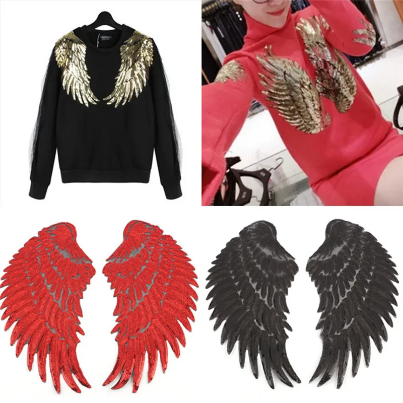 1Pair Wings Sequined Feather Patches Sew On Iron On Clothes Patch 3D Applique DIY Stickers Wedding Cloth Decor 18x33cm Red Black