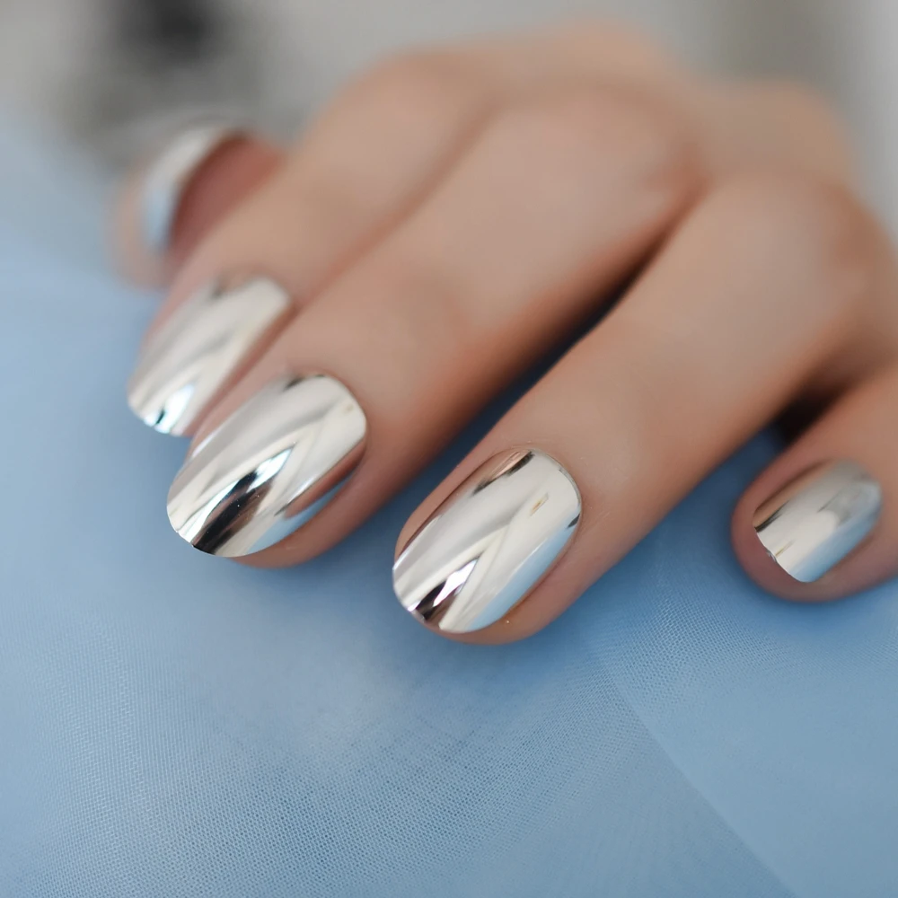 24 шт серебряные средние искусственные полностью изогнутые металлические овальные накладные ногти для девочек зеркальные классные накладные ногти с клеем, стикер