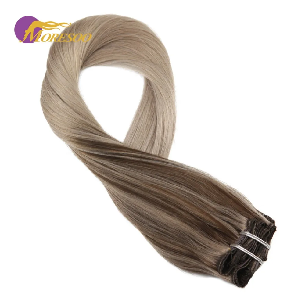 

Moresoo Double Weft Clip in Remy Hair Extensions Color #4 Fading to #18 Mixed with Ash Blonde Brazilian Human Hair 7Pcs/100G