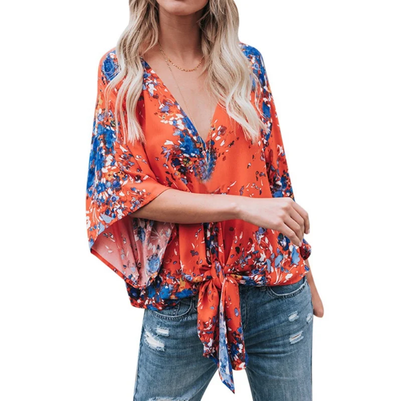 LAAMEI 2018 Summer Women Sexy V Neck Casual Loose Chiffon Blouses Flare Sleeve Blusas Feminina Print Shirt Bohemian Clothing Blouses