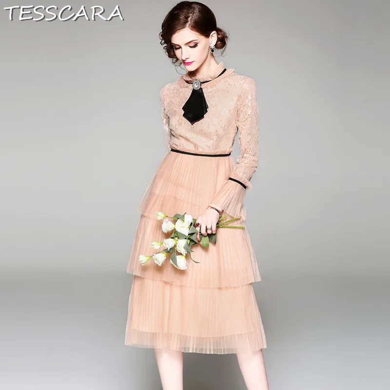 

TESSCARA Women Elegant Mesh Pleated Dress Festa Female Vintage Designer Party Vestidos High Quality Retro Office Long Robe Femme