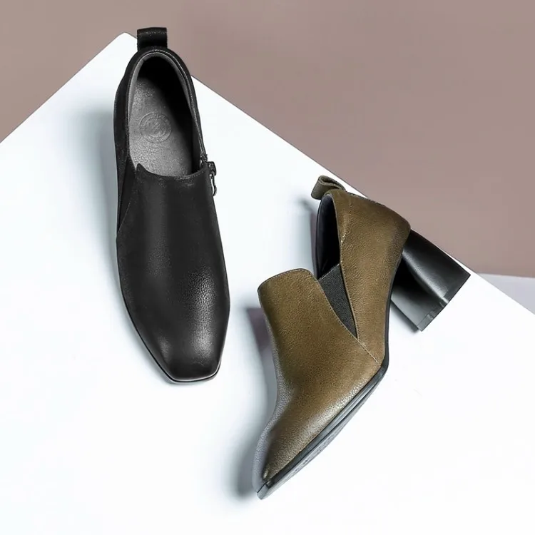 

GPOKHDS 2019 women Pumps soft cow leather autumn spring zippers square toe green color high heels pumps size 34-42