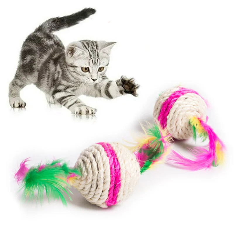 

New Pet Cat Sisal Colorful Feather Teaser Ball Toy Cat Kitten Interactive Cat Nip Scratch Ball Cat Supplies Pet Products