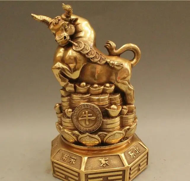

free 8" Chinese Folk Brass Wealth Zodiac Year Bull Oxen Coin Yuan Bao Money Statue fast