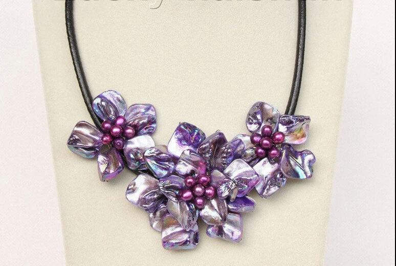

shipping baroque handcraft bloom purple seashell pearls choker leather necklace j9823