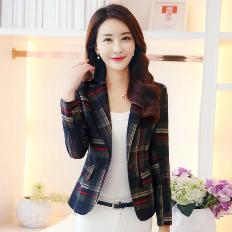 2018 Women Blue Red Plaid Blazer Elegant 3XL Blazer Feminin Ol Style Slim Blazers And Jackets One Button Suit Girl Office Jacket