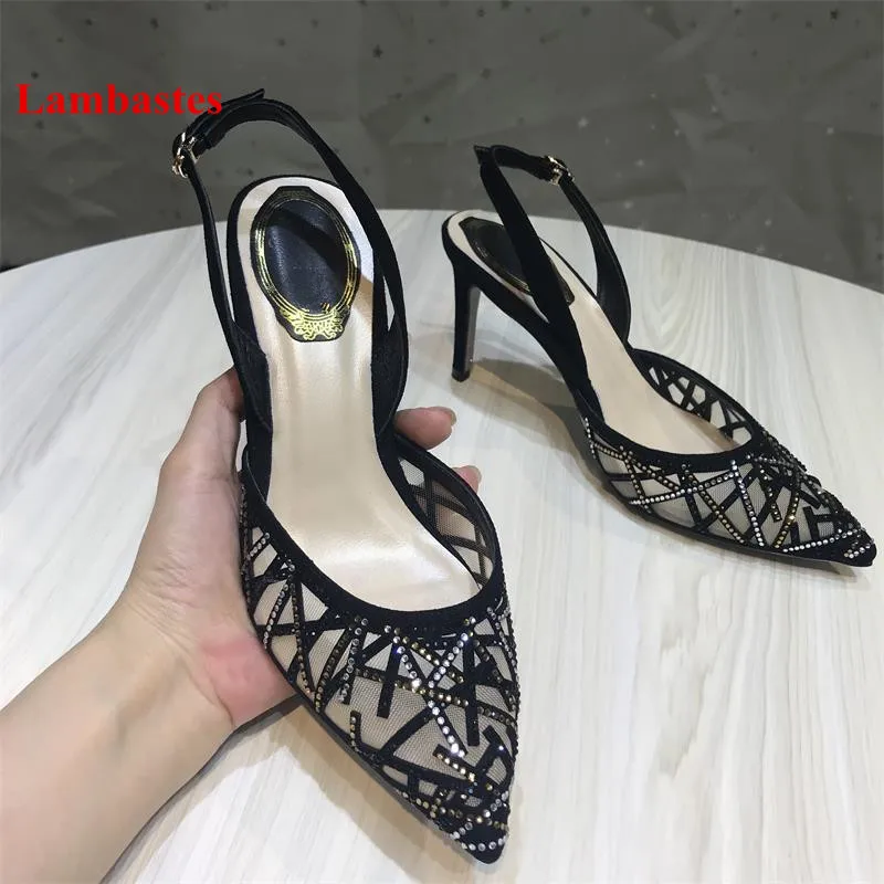 

2018 Hot Spring Summer Air Mesh Women Pumps Black Crystal Lace Designer Women Pumps Thin Heel Sexy Buckle Strap Shoes Women
