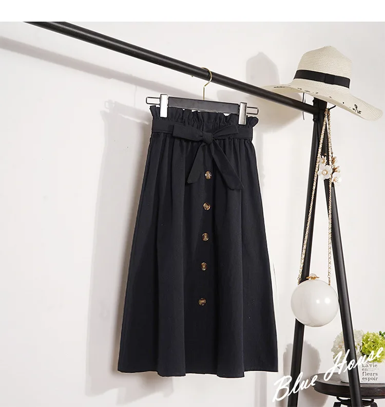 CRRIFLZ Summer Autumn Skirts Womens Midi Knee Length Korean Elegant Button High Waist Skirt Female Pleated School Skirt