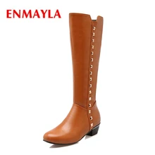 ENMAYLA/ г. Новые модные женские сапоги до колена на молнии с заклепками на квадратном каблуке Женские однотонные короткие плюшевые сапоги с круглым носком ZYL398