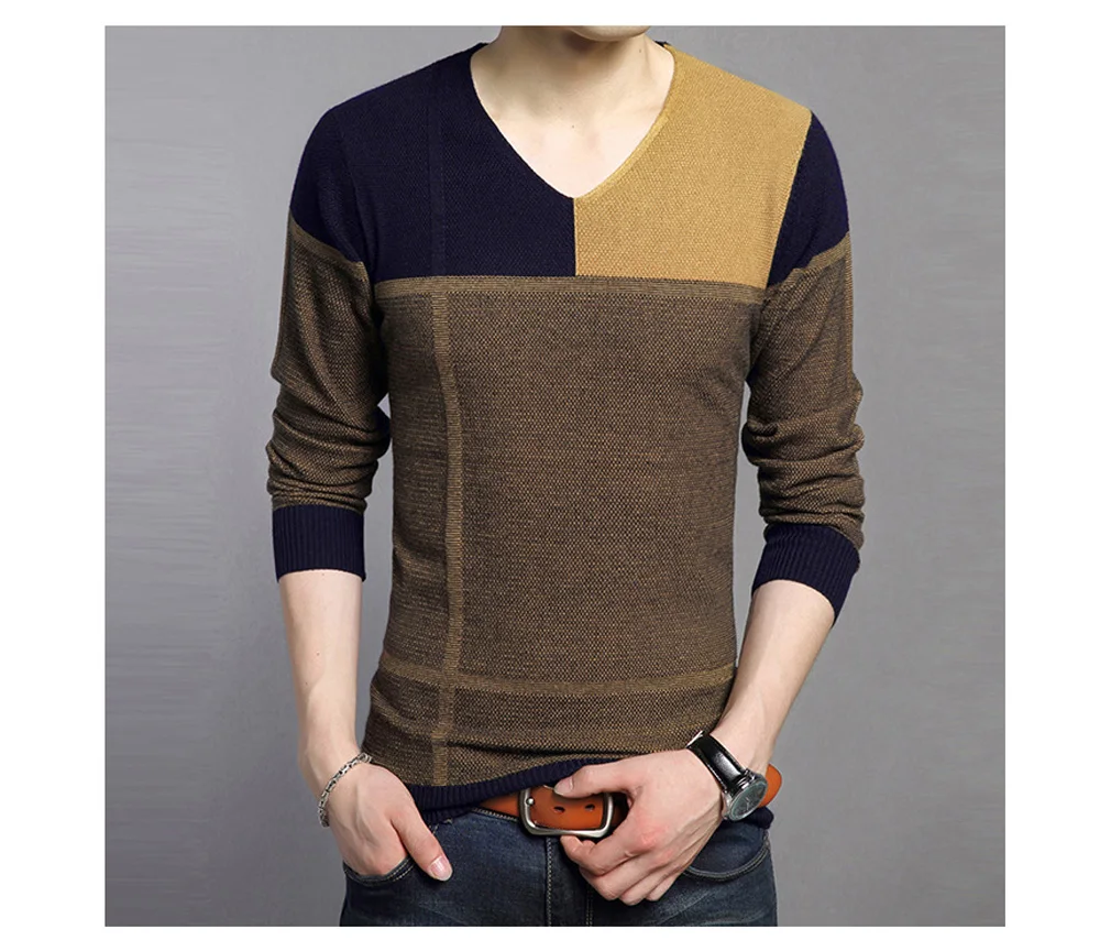 DIMUSI Autumn Mens Pullover Sweater Men Fashion Striped V-Neck Wool Pullover Sweater Men's Slim Knitted Pull Sweaters Clothing