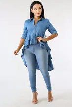 Casual Double Ruffle Hem Denim Long Blouse Asymmetric Blue Turn Down Collar Buttons Full Sleeve Jeans Shirts Plus Size Blouses Casual Double Ruffle Hem Denim Long Blouse Asymmetric Blue Turn Down Collar Buttons Full Sleeve Jeans Shirts Plus Size Blouses