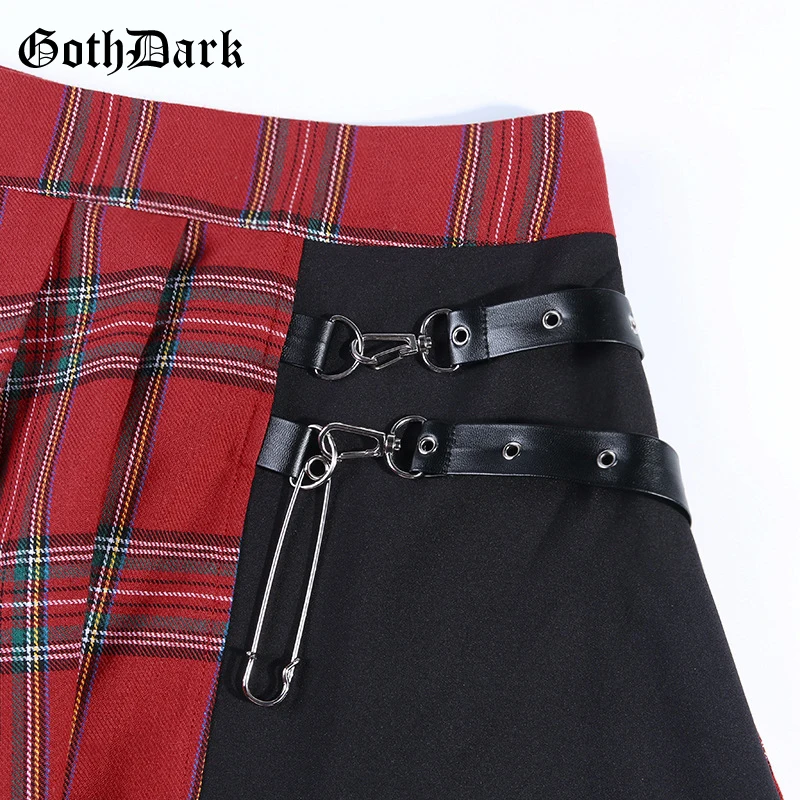 Goth Dark Red Plaid Punk Gothic Skirts Patchwork Rivet Belt Pleated Asymmetrical Belt Grunge Women's Skirt Fall2019 Fashion Sexy