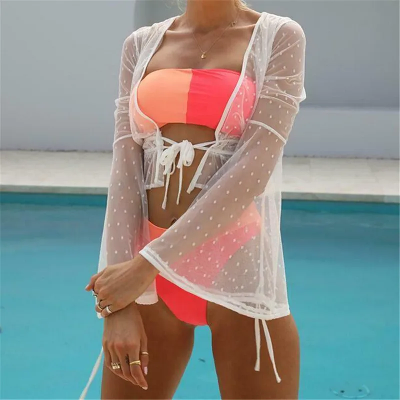 

Womens Bikini Top Cover-Ups Polka Dot See Through Tulle Bathing Suit Lace Crochet Bikini Swimwear Cover Up Beach Lace Swimsuit