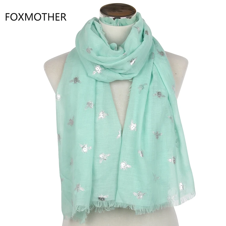 FOXMOTHER бренд Модный летний белый синий мятный бронзированный Серебряный пчелиный шарф шали из фуляра Bufanda для женщин Подарки - Цвет: Mint