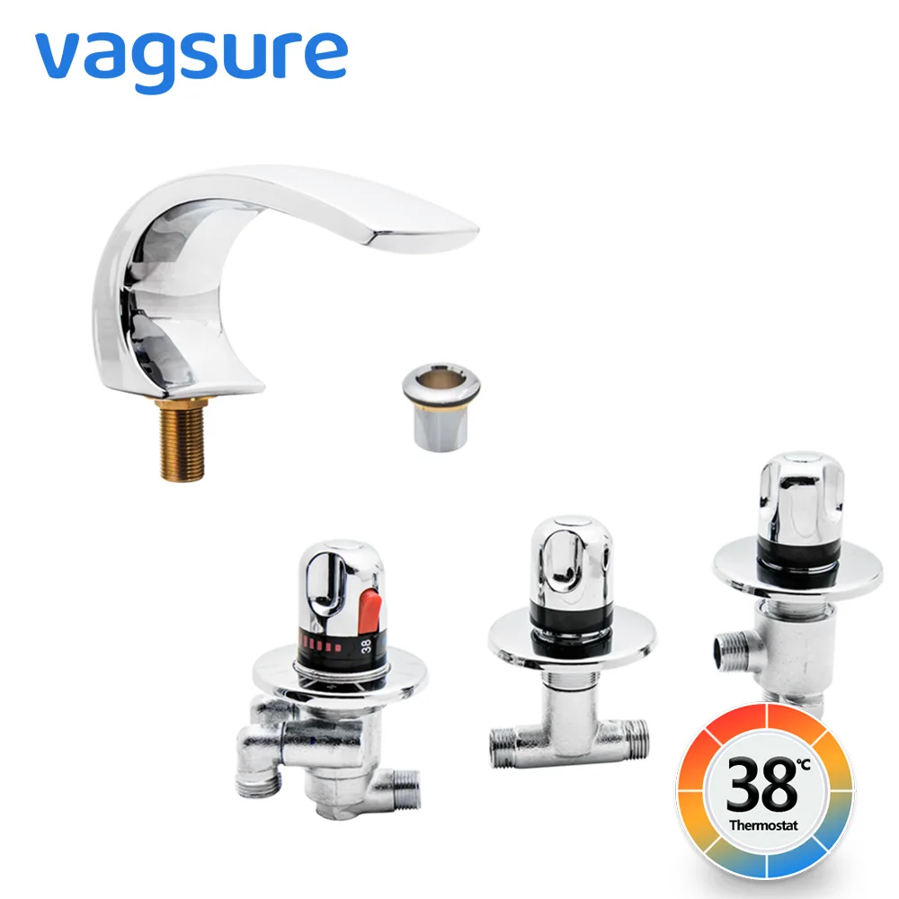 Vagsure ترموستاتي صنبور مطلي بالكروم الثلاثي مقبض النحاس المياه ترموستات التحكم صمام الحنفيات الحنفية حمام حوض صنبور حوض خلاط Vagsure ترموستاتي صنبور مطلي بالكروم الثلاثي مقبض النحاس المياه ترموستات التحكم صمام الحنفيات الحنفية حمام حوض صنبور حوض خلاط