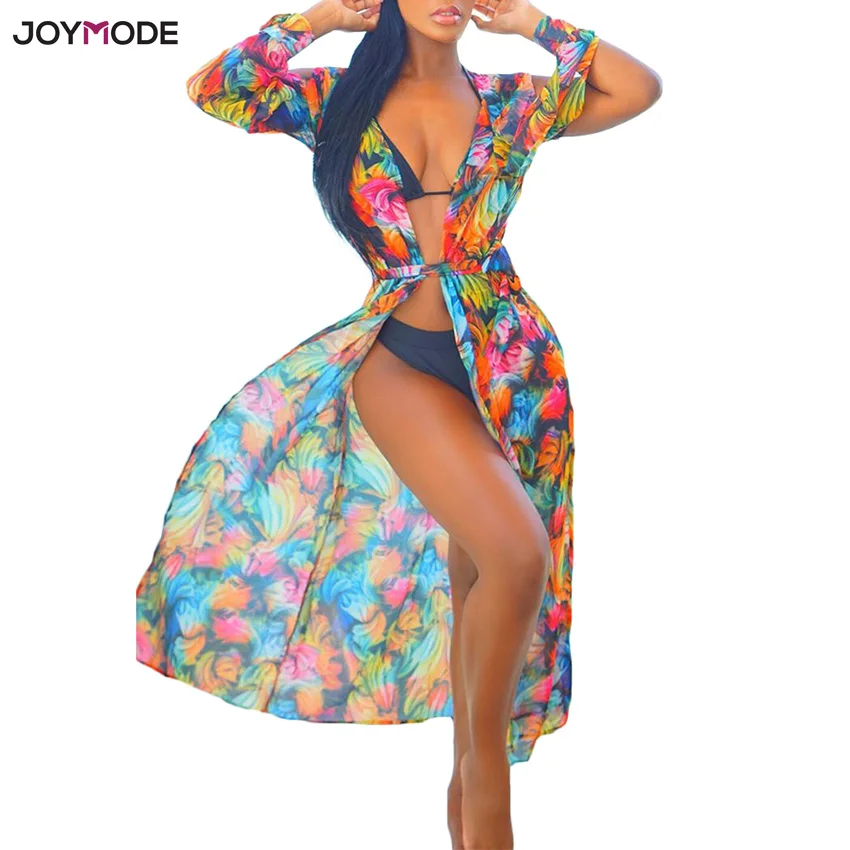 

JOYMODE Beach Cover Up Floral Romantic Swimwear Ladies Pareo Beach Cape Sun Bath Beach Wear Dress Chiffon Swimwear Long Tunic