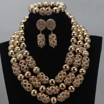

2016 Latest African Wedding Jewelry Set Gold Crystal Beads Bridal Necklace Jewelry Sets Free Shipping ALJ881