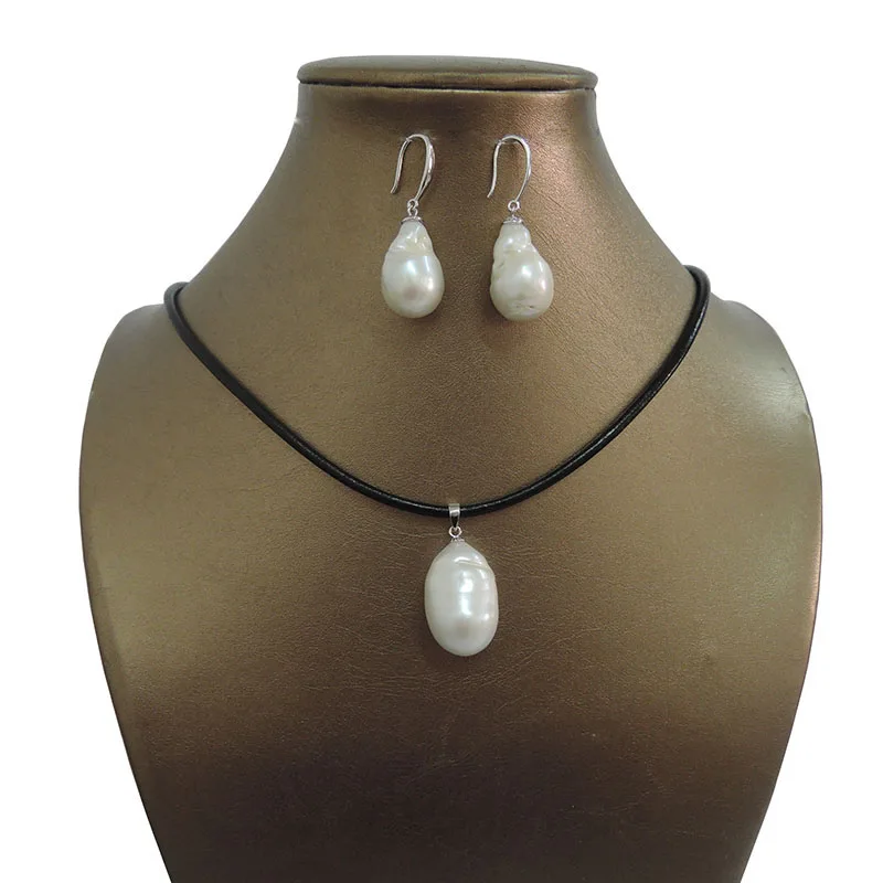 

100% NATURE FRESHWATER PEARL JEWELRY SET NECKLACE AND EARRING-good big baroque pearl,925 SILVER earring and leather chain