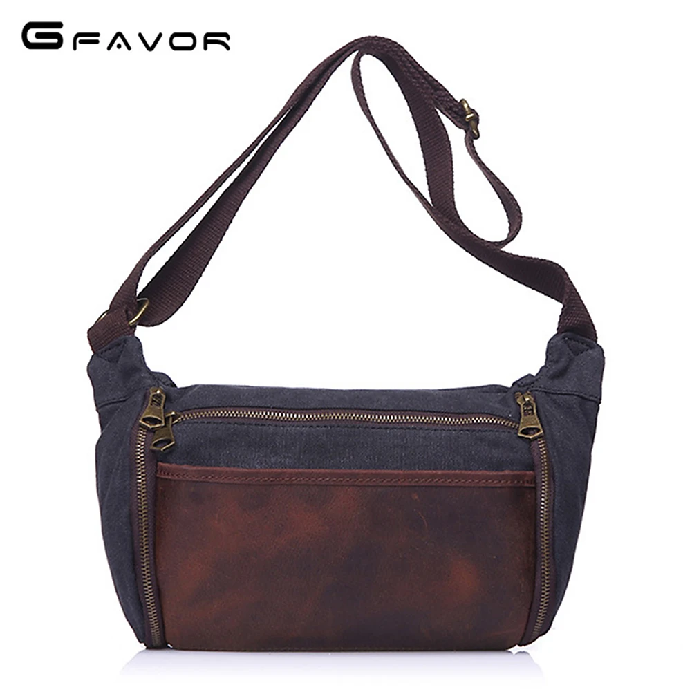 

G-FAVOR Brand Men's Messenger Bag Crazy Horse Leather&Canvas Flap Crossbody Bag Men High Quality Patchwork Single Shoulder Bags