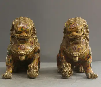 

10" China Cloisonne Art Sculpture Two Lions Guardian Beast Bronze Statue