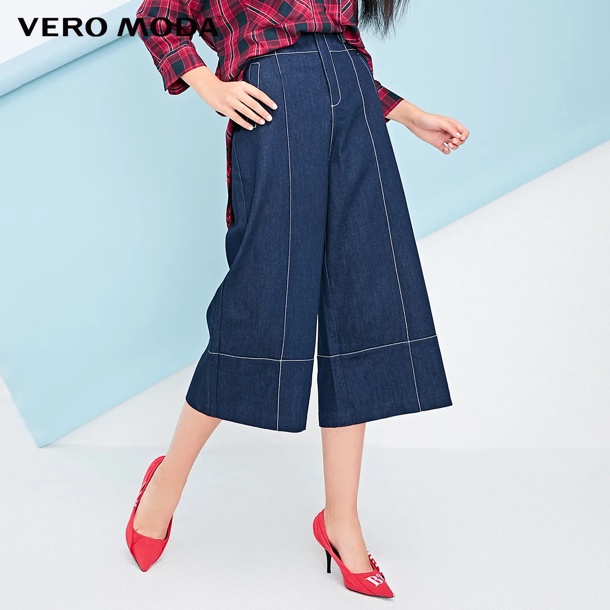 Vero Moda New Women's Visible Stitches Loose Fit Wide-leg Jeans | 31836I512 - Цвет: Indigo blue denim