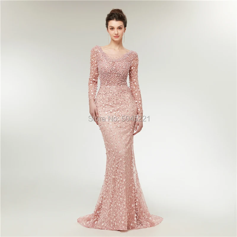 Роскошные вечерние платья 2019, арабское платье русалки с длинным рукавом, жемчужные кристаллы, кружевное вечернее платье, платье для