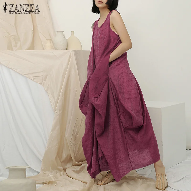 Женское асимметричное платье ZANZEA без рукавов пляжное макси платье Vestidos женское Плиссированное льняное платье Femme размера плюс 5XL