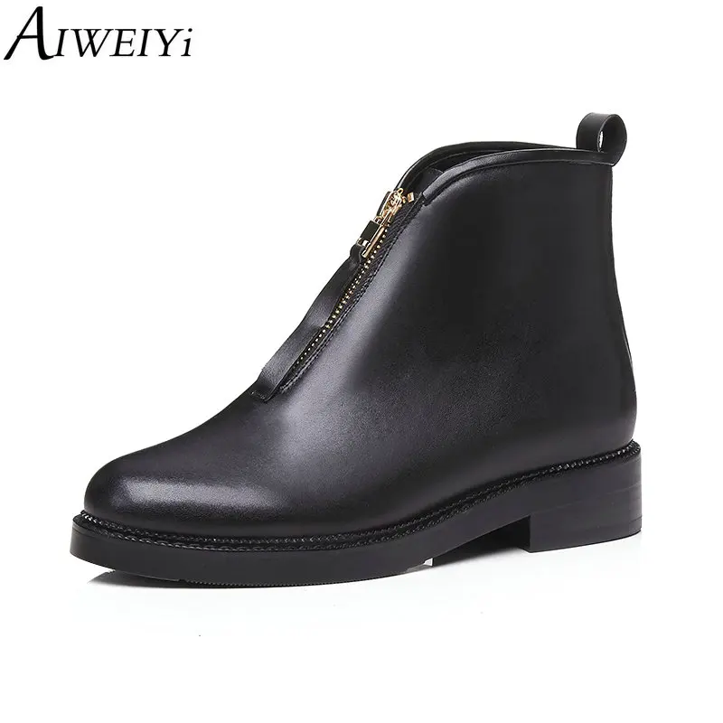 

AIWEIYi Genuine Leather Women's Ankle Boots Cow Leather Square Low Heel Short Boots Zipper Motorcycle Boots Winter Shoes
