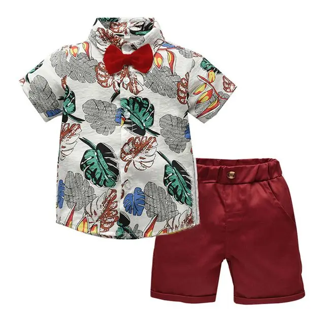 Модная и модная одежда джентльмена для маленьких мальчиков, летняя рубашка с короткими рукавами и цветочным принтом с галстуком-бабочкой+ шорты, детская одежда из 2 предметов для мальчиков