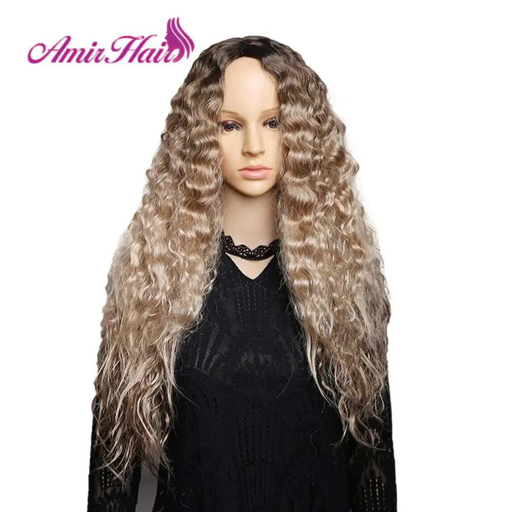 

Amir Long Curly Synthetic Wigs Ombre Blonde Wig With Dark Roots High Temperature Fiber cosplay hair For American African Women