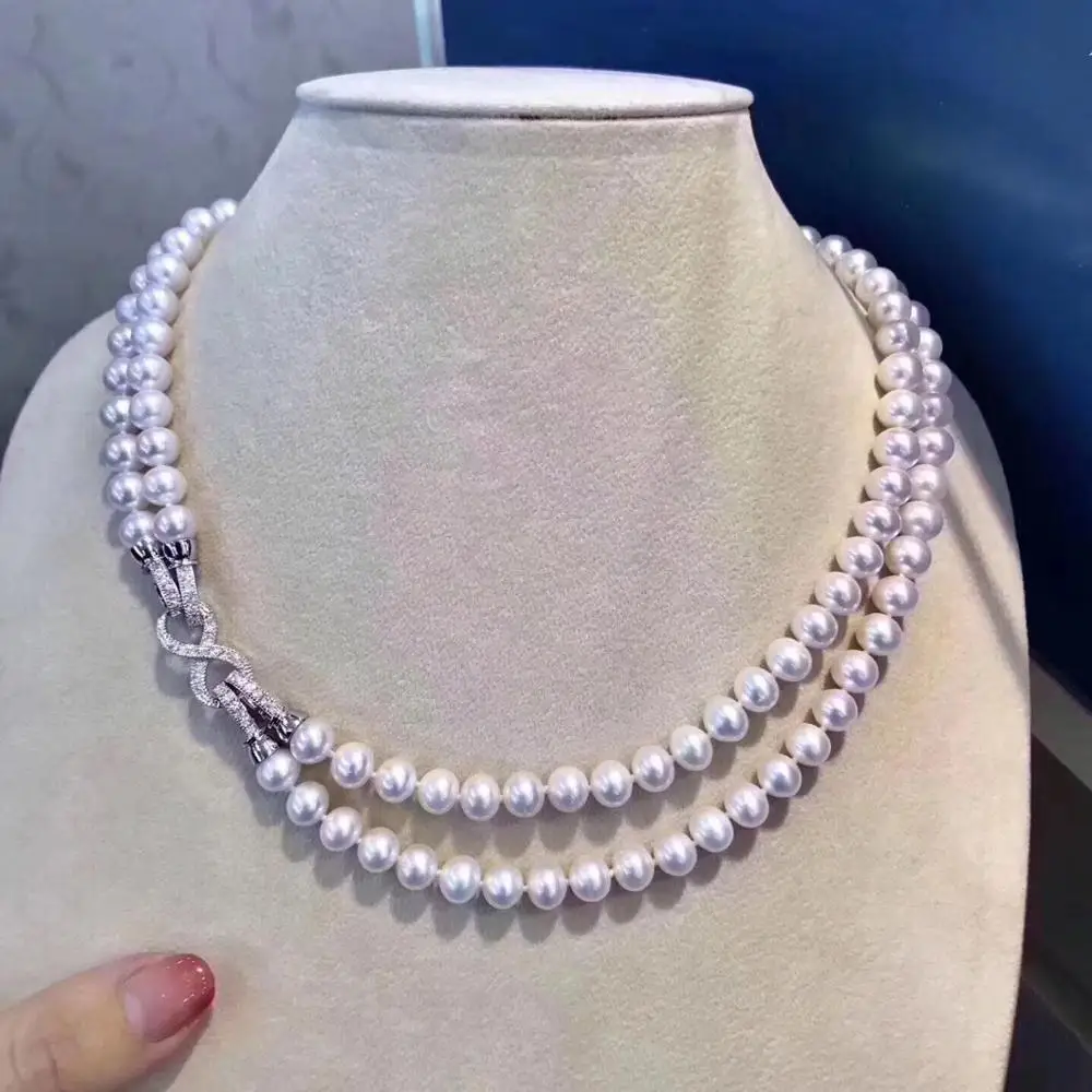 

2 strands 8-9mm south sea round white pearl necklace 18"19"925s