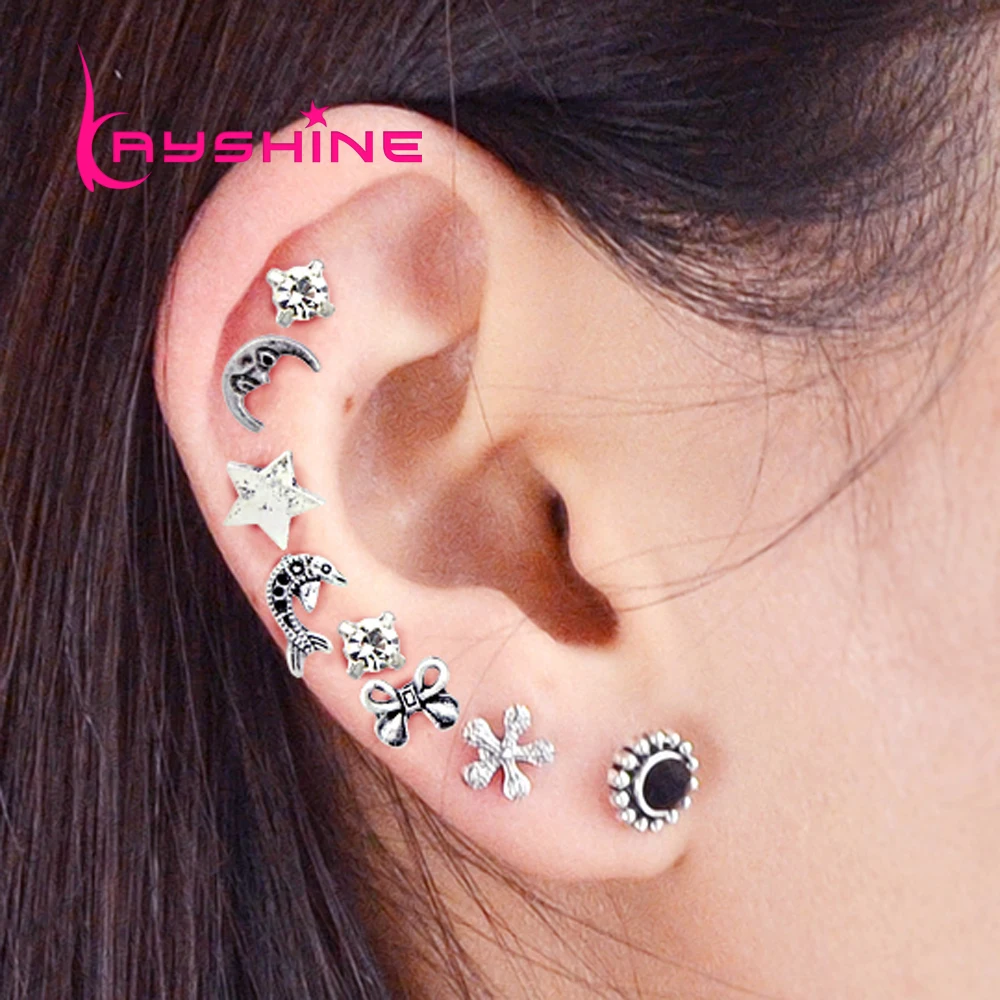 Kayshine 8 шт./компл. чешские серьги старинное серебро Цвет с Луны Star Fish бантом цветок