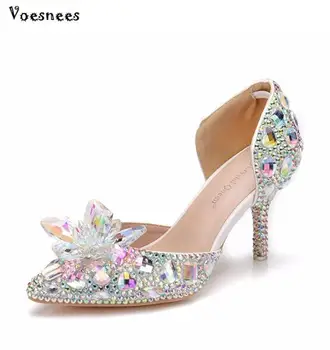 

Silver Flowers Rhinestone Wedding Shoes Pumps Evening Party Glittering High Heel 7.5CM Cinderella Crystal Shoes Bridal Shoes