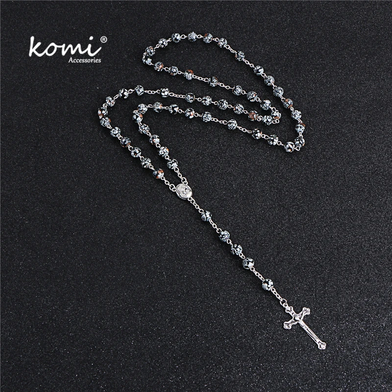 

KOMi Vintage Ceramics Printing Beads Silver Cross Pendant Necklace Catholic Christ Religious Jesus Rosary Jewelry Gift R-089