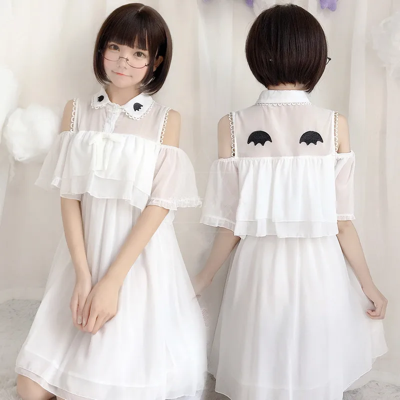 

For Young Miss Summer Japanese Kawaii Lace Bow Dress Soft Sister Lovely Bat Lolita Cute Ruffles Off Shoulder Chiffon White Dress