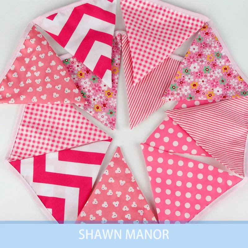 

3.3Meter/12 Pennants Multi Pink Artworks Printing Cotton Fabric Flag Birthday Party Decoration Banner Bunting For Wedding