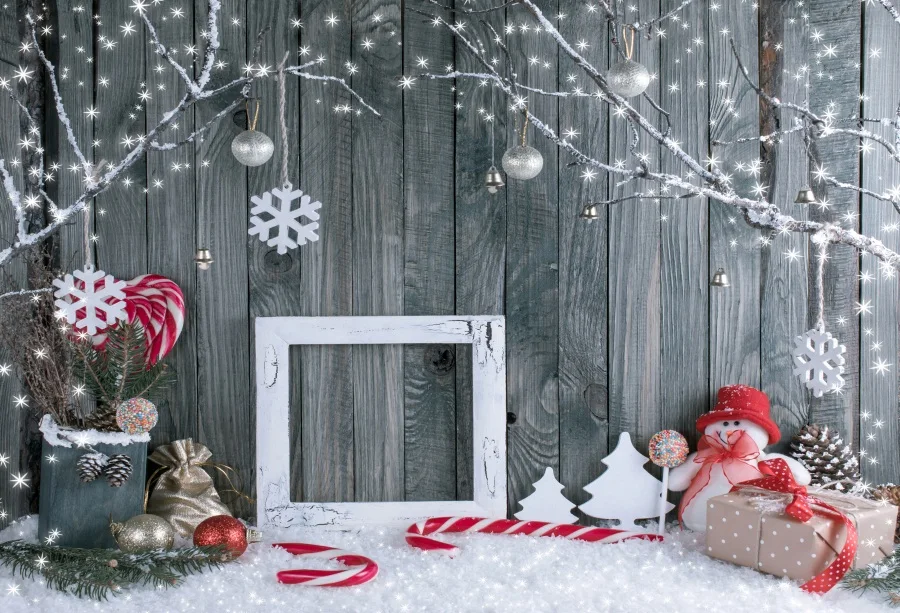 

Laeacco Photography Backdrops Christmas Dark Wooden Wall Snowflake Snowman Gift Baby Portrait Backgrounds Photocall Photo Studio